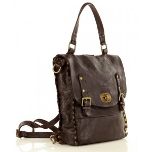 K41 Sac à dos  2 en 1 noir brun cuir vintage pour femme. Sac à dos urbain avec rivets